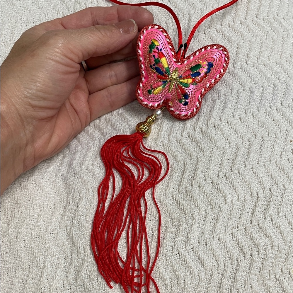 Vintage embroidered Butterfly Pendant with satin string and Red Tassel